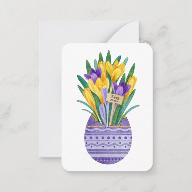 Carte De Correspondance Œuf de Pâques & Fleurs de Crocus Jaune Violet (Devant)