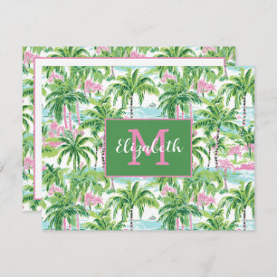 Carte De Correspondance Palmiers tropicaux rose et vert de Preppy Monogram