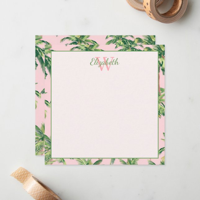 Carte De Correspondance Palmiers tropicaux sur Monogramme rose (Devant/Arrière en situation)