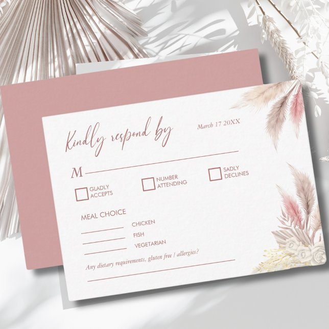 Carte De Correspondance Pampas Grass Boho Blush Rose Elégant Mariage RSVP (Créateur téléchargé)