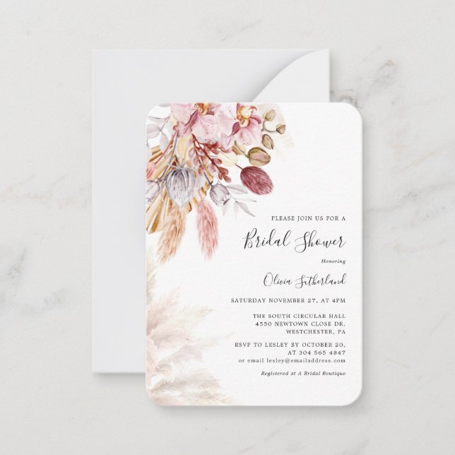 Carte De Correspondance Pampas Grass Script Chic Douche nuptiale Invitatio (Devant)