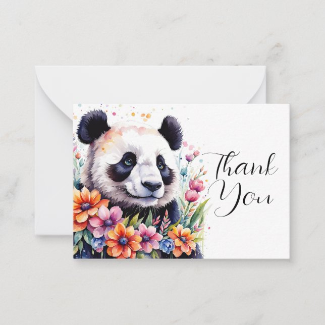 Carte De Correspondance Pandas au milieu de fleurs Merci (Devant)