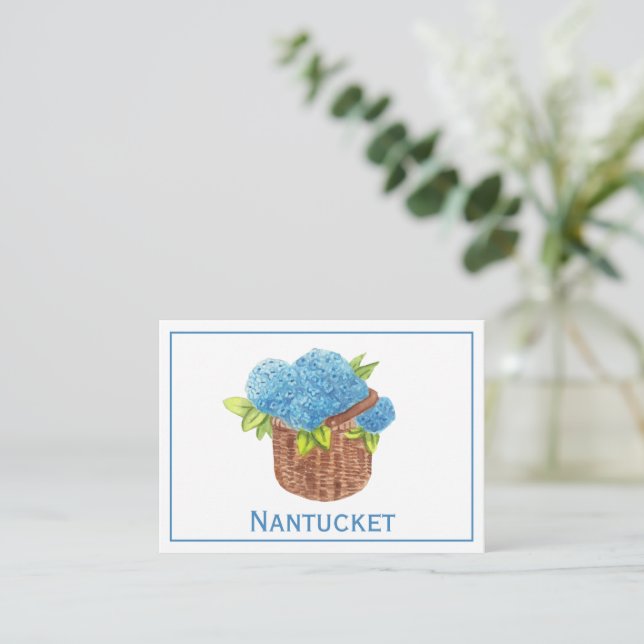 Carte De Correspondance Panier Nantucket personnalisé Blue Hydrangeas Merc (Debout devant)