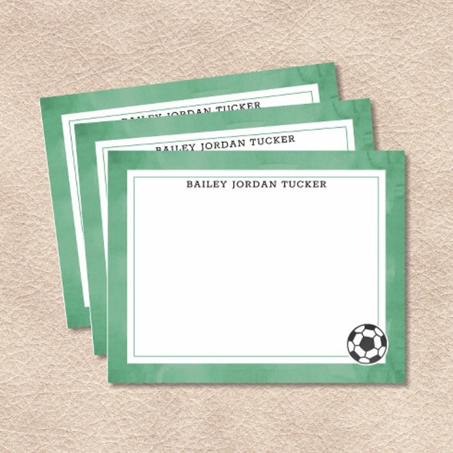 Carte De Correspondance Papeterie aquarelle verte ballon de foot (Soccer Ball with Name Flat Note Cards)