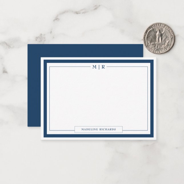 Carte De Correspondance Papeterie classique à monogramme avec bordure bleu (Devant/Arrière en situation)