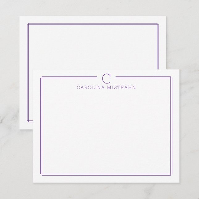 Carte De Correspondance Papeterie de bordure violette initiale à monogramm (Devant / Derrière)
