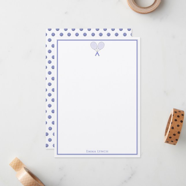 Carte De Correspondance Papeterie de tennis mini pois monogramme bleu   (Devant/Arrière en situation)