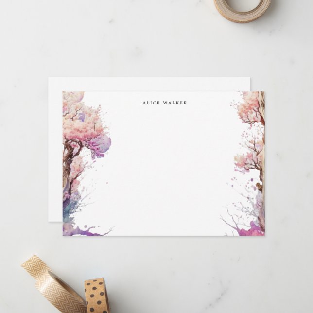 Carte De Correspondance Papeterie élégante à monogramme Sakura Cherry Blos (Devant/Arrière en situation)