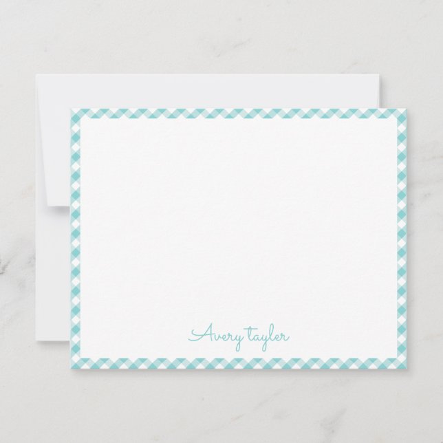 Carte De Correspondance Papeterie personnalisée à motif gingham turquoise (Devant)