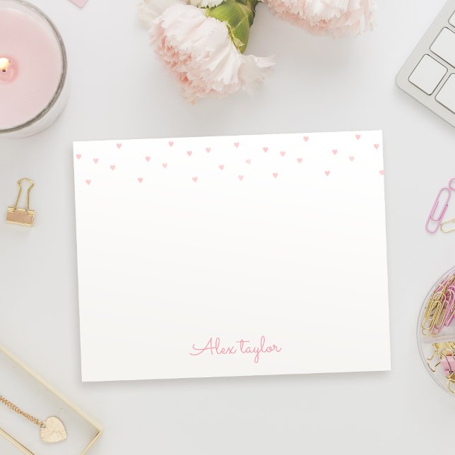 Carte De Correspondance Papeterie personnalisée avec coeurs roses mignons  (Cute pink hearts girly Personalized Stationery Note Card)