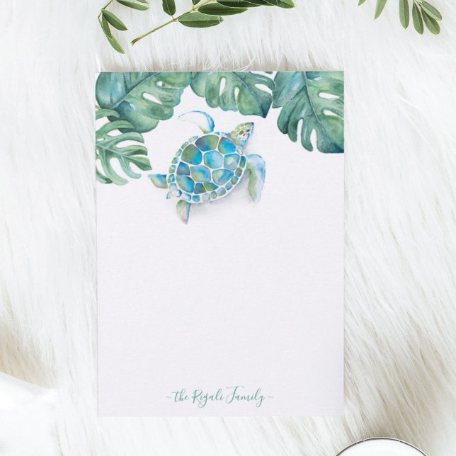 Carte De Correspondance Papeterie personnalisée Tortue de mer Aquarelle (Turtle personal stationery features watercolor tropical art by Victoria Grigaliunas Do Tell A Belle)