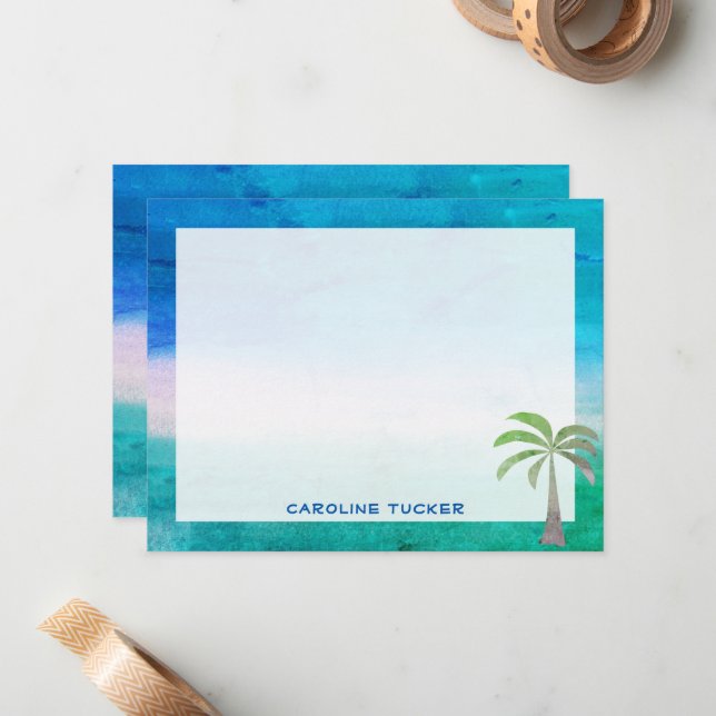 Carte De Correspondance Papeterie Plage Océan Tropical Palmier (Devant/Arrière en situation)