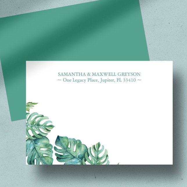 Carte De Correspondance Papier à lettres personnalisées Tropical Palm Gree (Personalized notecards feature watercolor monstera palm leaves by Victoria Grigaliunas)