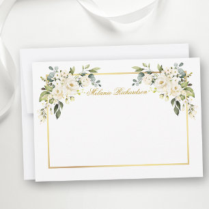 Carte De Correspondance Papier aquarelle blanc floral cadre or personnalis