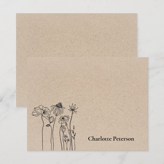 Carte De Correspondance Papier Kraft Brun Rustique Fleur Sauvage (Devant / Derrière)