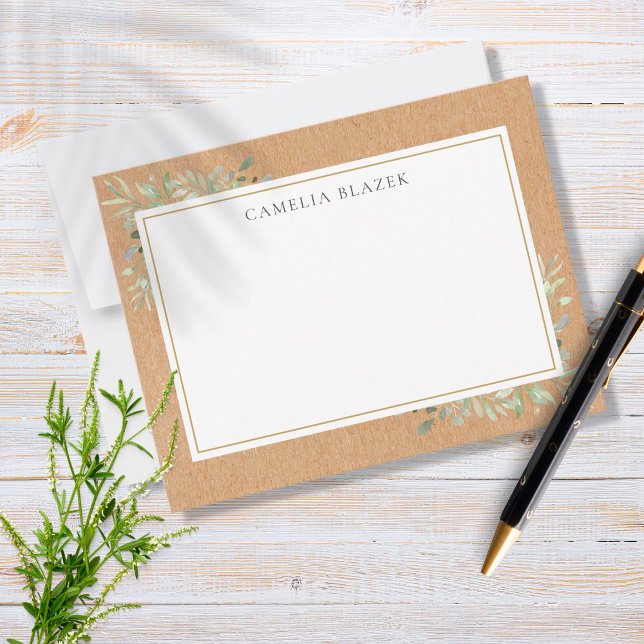 Carte De Correspondance Papier Kraft Rustique avec Feuillage à l'Aquarelle (Créateur téléchargé)