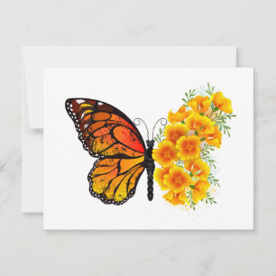Carte De Correspondance Papillon Fleur avec Pavot de Californie Jaune
