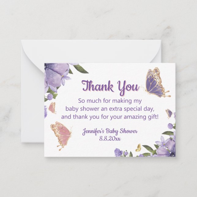 Carte De Correspondance papillon mauve floral fille baby shower merci (Devant)