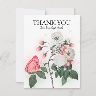 Carte De Correspondance Papillon rose Fleurs blanches Merci