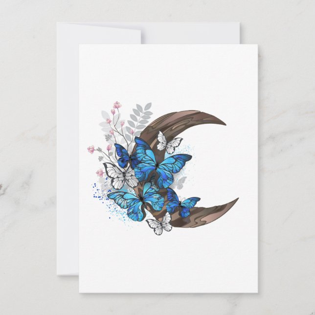 Carte De Correspondance Papillons bleus sur croissant en bois (Devant)