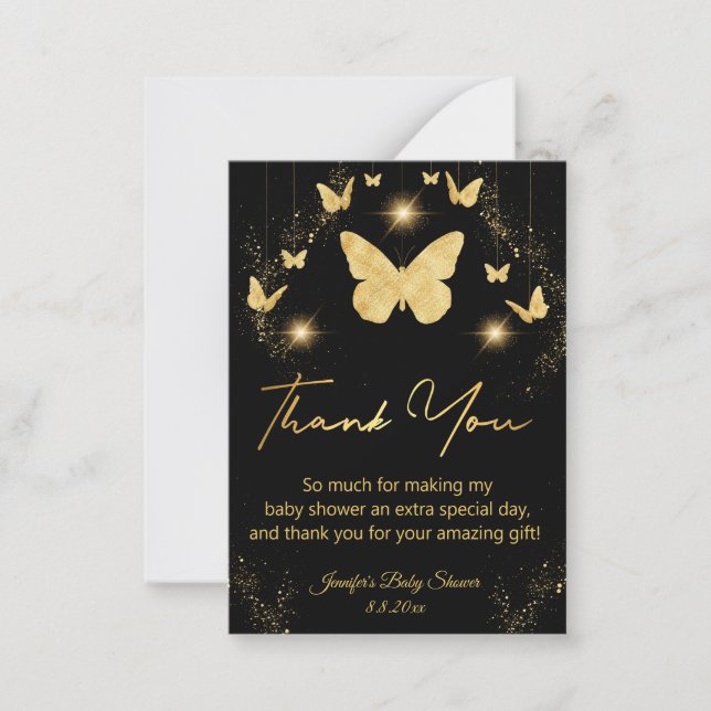 Carte De Correspondance papillons en or noir merci baby shower (Devant)