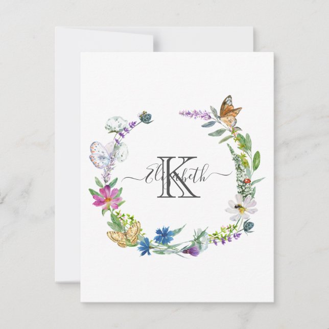 Carte De Correspondance Papillons Fleurs Calligraphie Script Monogramme  (Devant)