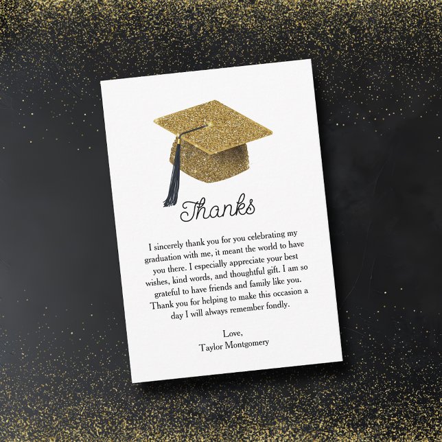 Carte De Correspondance Parties scintillant d'or Casquette de grade Merci  (Faux gold glitter grad cap flat  graduation thank you note cards with your personal message)