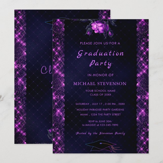 Carte De Correspondance Parties scintillant violette encadrée Black Gradua (Devant / Derrière)