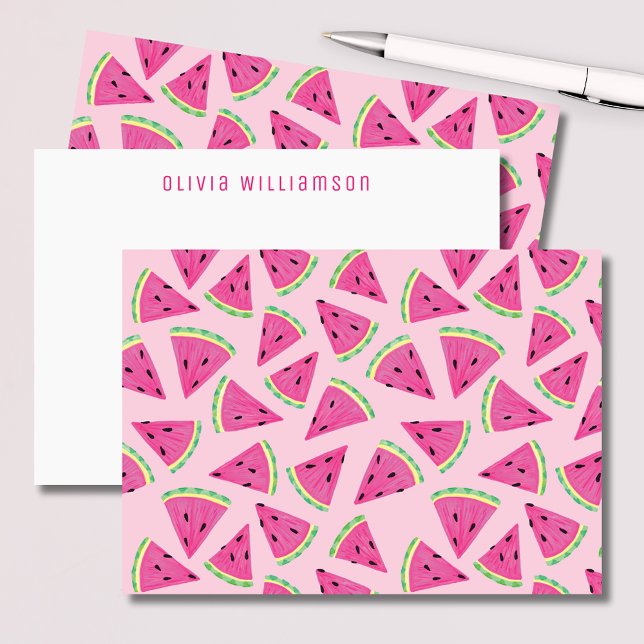 Carte De Correspondance Pastèque rose personnalisée (Colorful pink, tropical watermelon slice notecards. Customize with your own name or choice of text.)
