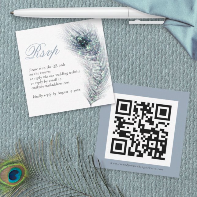 Carte De Correspondance Peacock Feather QR Code Mariage RSVP Enclôture (Créateur téléchargé)
