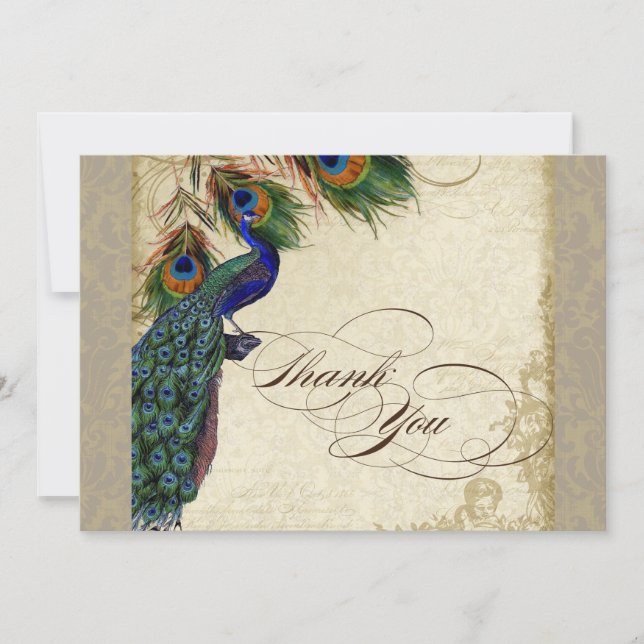 Carte De Correspondance Peacock Feathers Formal Merci Notes Taupe (Devant)