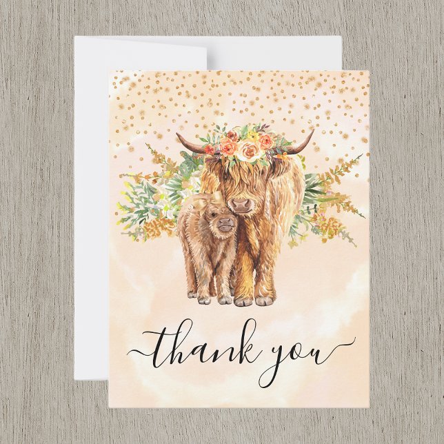 Carte De Correspondance Pêche Aquarelle Florale Highland Vache Merci (Créateur téléchargé)