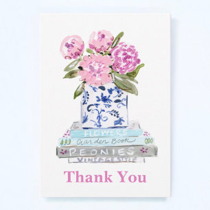 Carte De Correspondance Peonies roses Chinoiserie Vase Livre Stack Merci