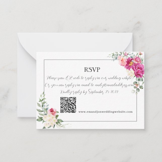 Carte De Correspondance Peony et verdure Rose QR Code RSV (Devant)