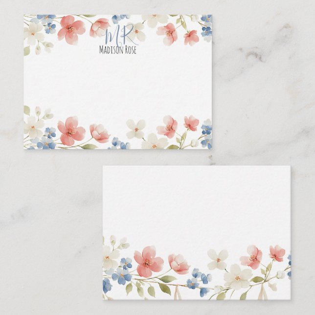 Carte De Correspondance Personalised Blush Watercolour Floral Monogram (Devant / Derrière)
