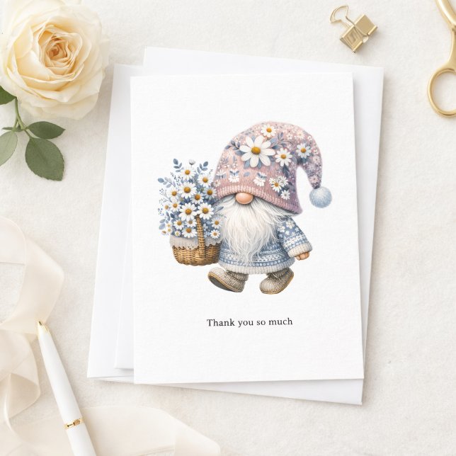 Carte De Correspondance Personalized Cute Daisy Flower Gnome Thank you  (Cute Garden Gnome with Daisies Thank you card)