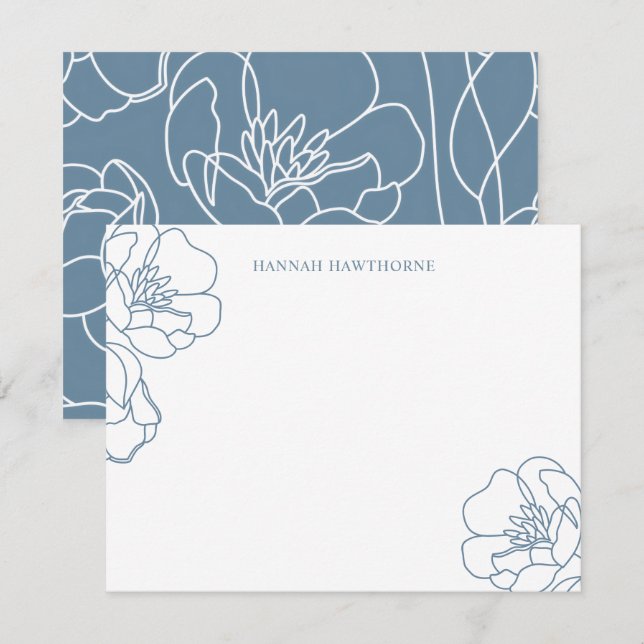 Carte De Correspondance Personalized Elegant Blue Modern Line Art Floral (Devant / Derrière)