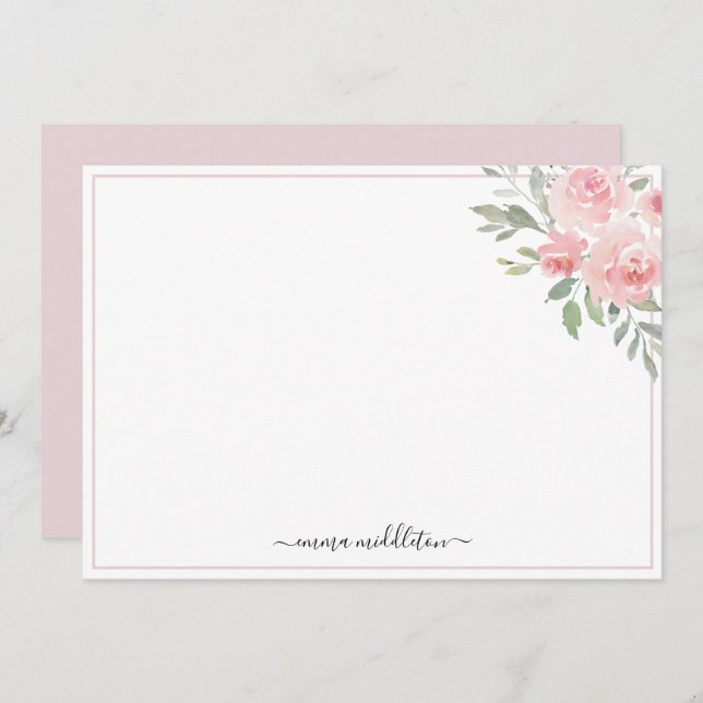 Carte De Correspondance Personalized Elegant Blush Pink Roses and Greenery (Devant / Derrière)