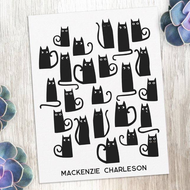 Carte De Correspondance Personalized Name Fun Black Cat (Fun black cat design personalized custom name or text notecards for animal lovers)
