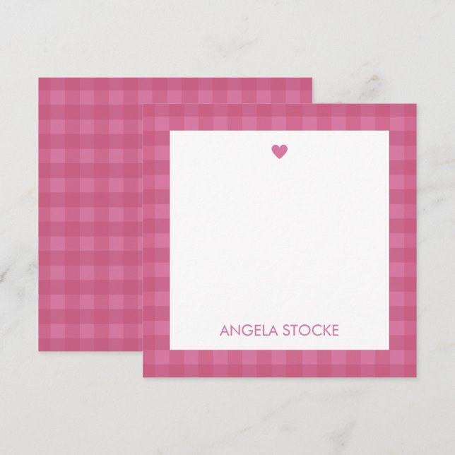 Carte De Correspondance Personalized Pink Gingham Note Card (Devant / Derrière)