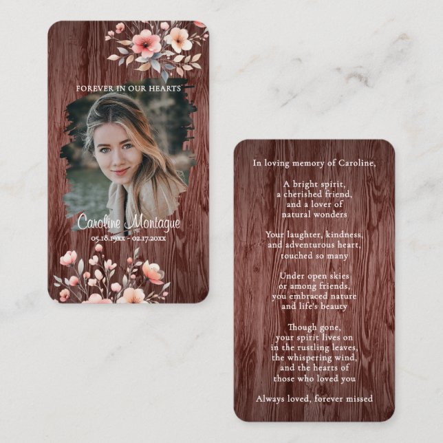 Carte De Correspondance Personalized Rustic Floral Photo Memorial Card (Devant / Derrière)