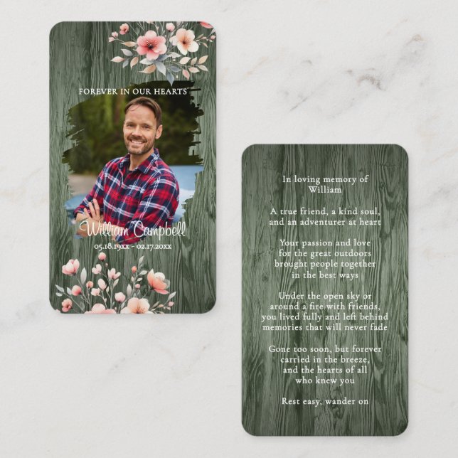 Carte De Correspondance Personalized Rustic Floral Photo Memorial Card (Devant / Derrière)