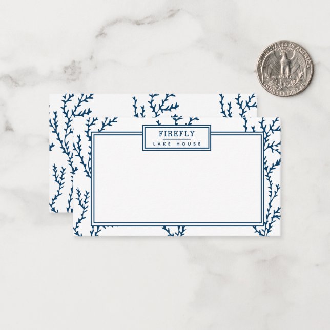 Carte De Correspondance Personnalisé, élégant Motif de corail bleu Indigo (Devant/Arrière en situation)