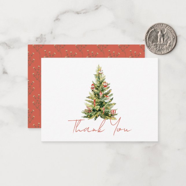 Carte De Correspondance Petit Arbre de Noël Rouge Merci (Devant/Arrière en situation)