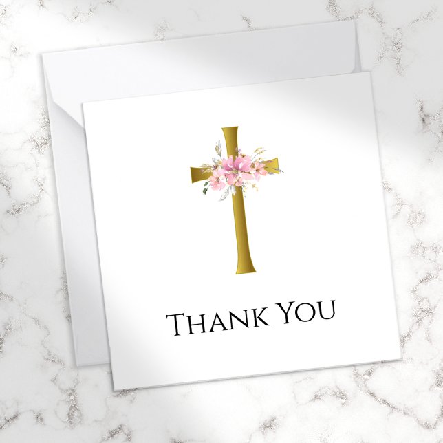 Carte De Correspondance Petit Merci rose Floral Gold Cross Funérailles (Créateur téléchargé)