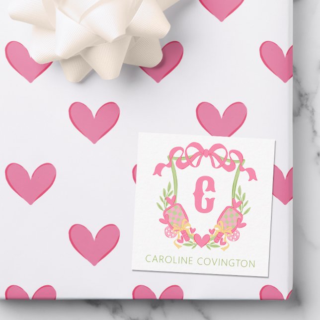 Carte De Correspondance Pickleball rose et vert Paddle Monogram Crest Cade (Créateur téléchargé)