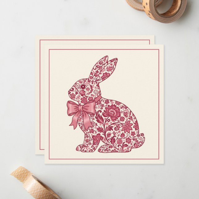 Carte De Correspondance Pink and Cream Chinoiserie Easter Rabbit (Devant/Arrière en situation)
