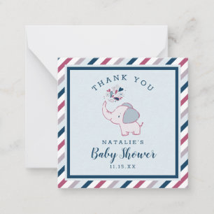 Carte De Correspondance Pink & Navy Cute Elephant Baby shower Merci