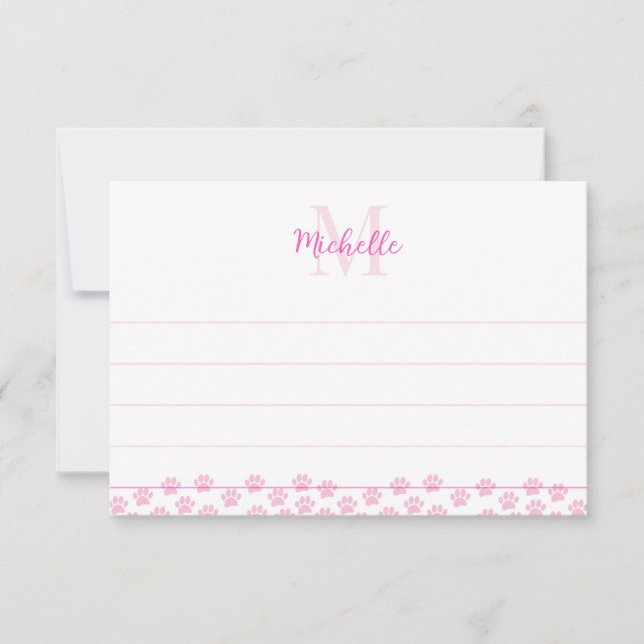 Carte De Correspondance Pink Pet Paw Prints Custom Monogram Cute Lined (Devant)