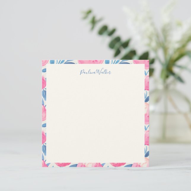 Carte De Correspondance Pivoine Rose Bleu Botanique Bordure Nom Script (Debout devant)
